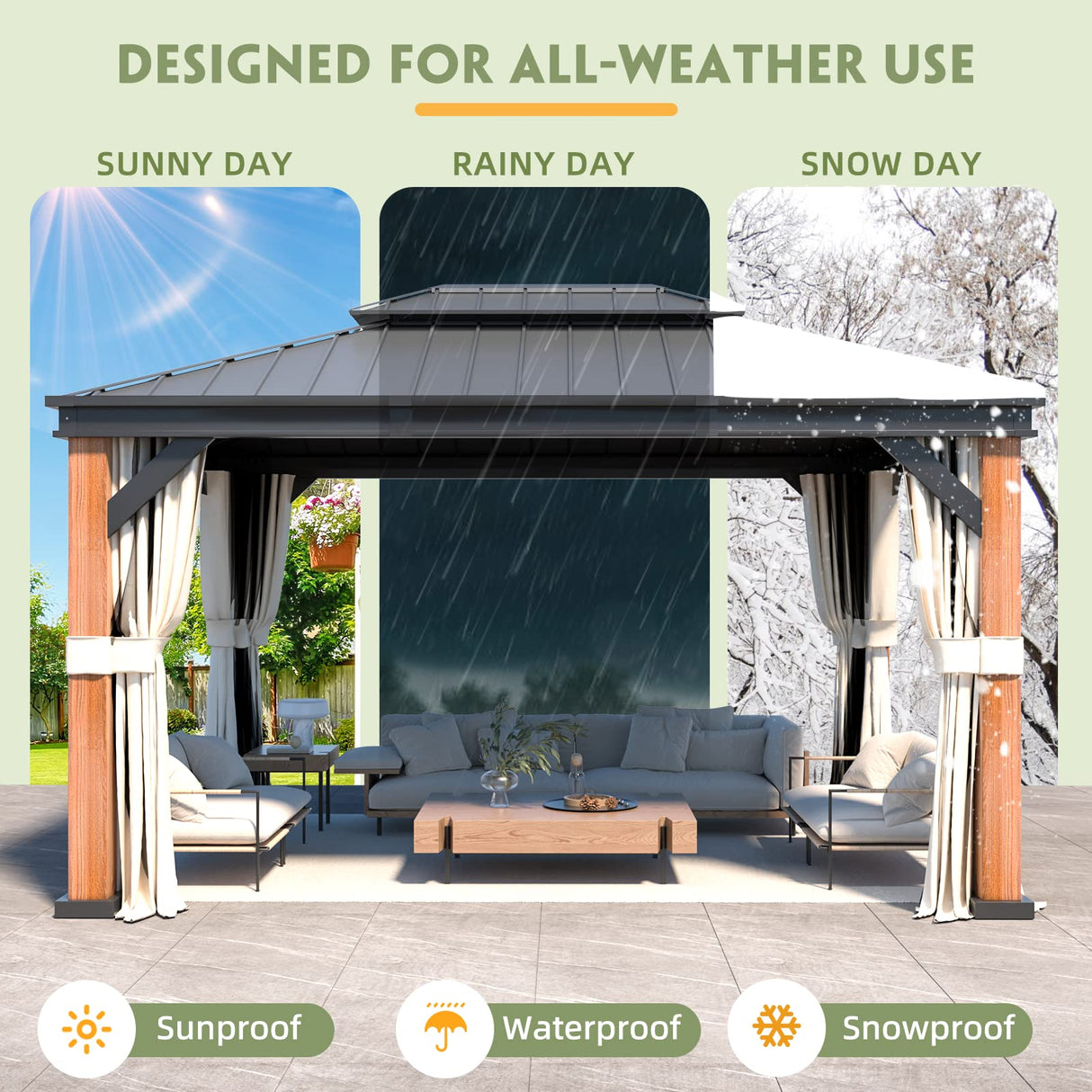 MELLCOM Gazebo 12' x 16', Wooden Finish Coated Thicker Aluminum Frame Gazebo with Galvanized Steel Roof, Outdoor Patio Gazebos with Curtains and Nettings for Patio, Lawn & Garden MELLCOM
