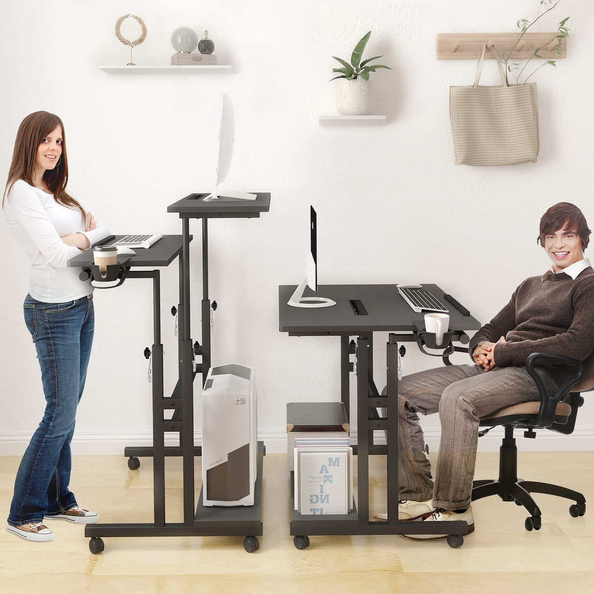 Panta Mobile Standing Desk, Adjustable Rolling Computer Desk with 3 Desktops, Portable Laptop Table with Desk Cup Holder, Home Office Laptop Workstation on Lockable Wheels, Black Panta