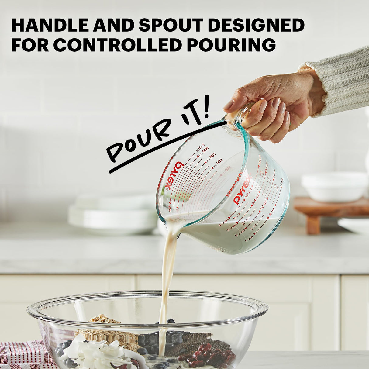 Pyrex 3 Piece Measuring Cup Set, Includes 1, 2, and 4 Tempered Glass Liquid Measuring Cups, Dishwasher, Freezer, Microwave, and Oven Safe, Essential Kitchen Tools Pyrex