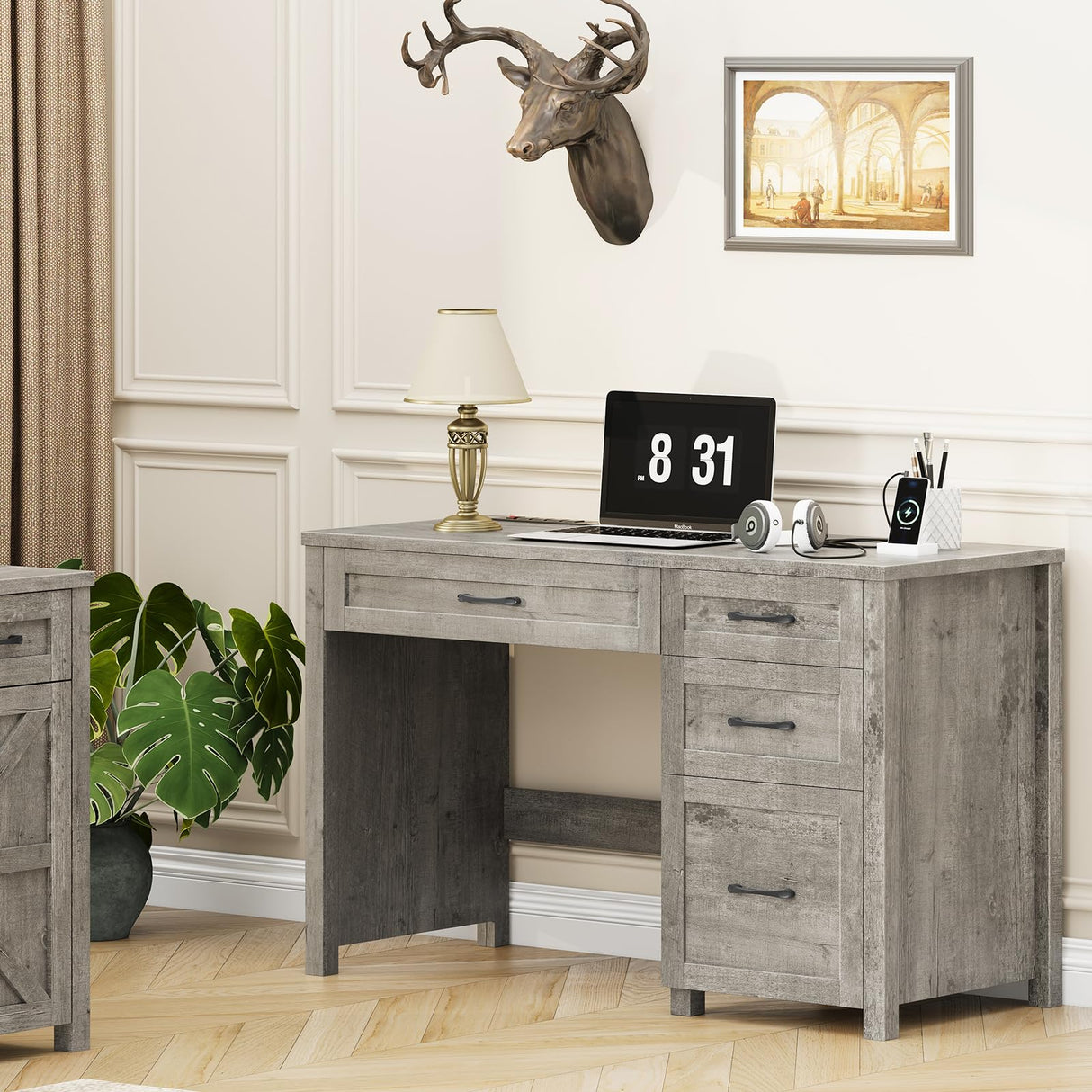 Halitaa Farmhouse 47" Executive Desk, Computer Desk with File Drawer and Charging Station, Workstation for Home Office, Study.Grey Halitaa