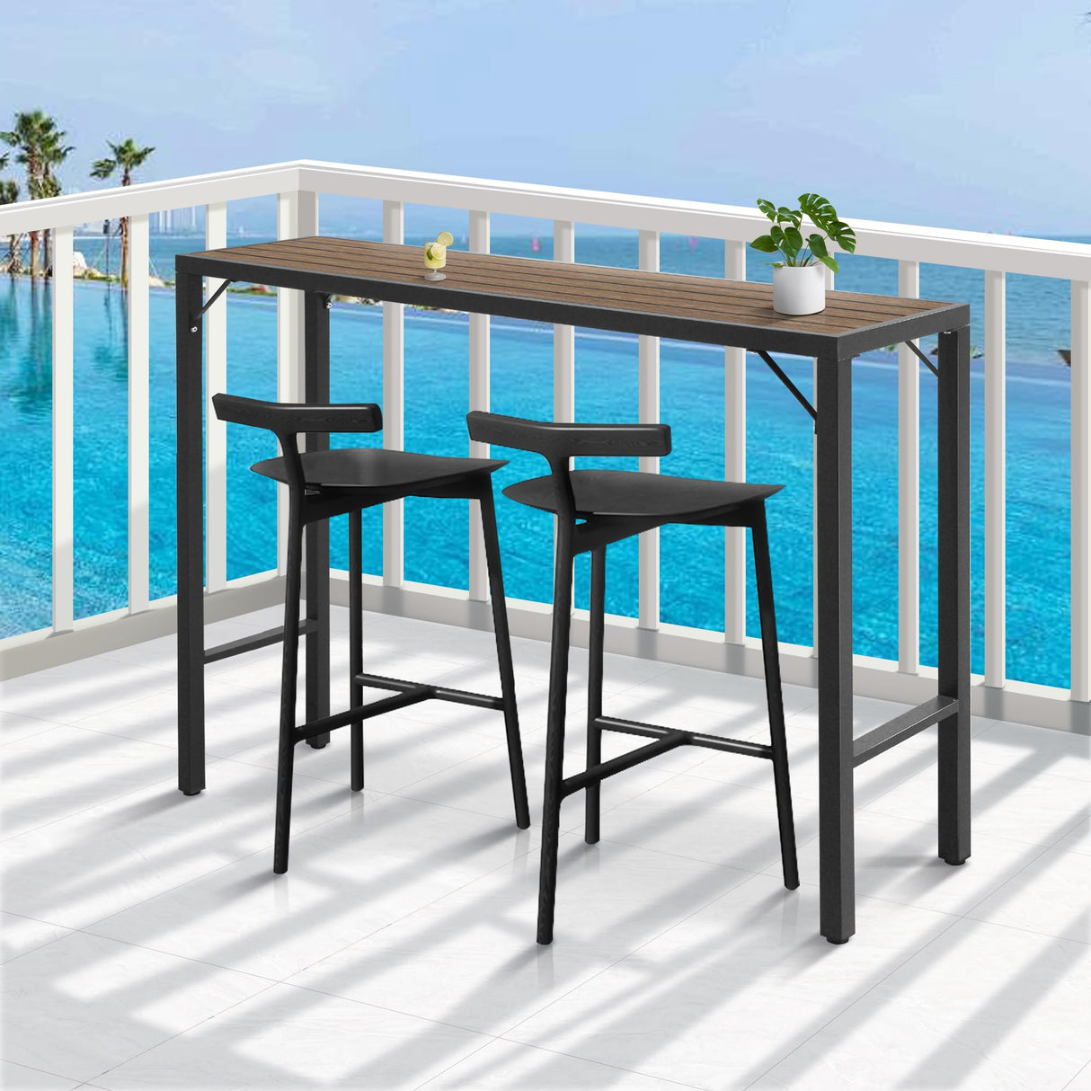 Raysfung Outdoor Bar Table, 55” Patio Bar Height Table, Bar Counter Pub Dining Table with Waterproof Top for Balcony, Garden, Yard, Poolside (Brown) Raysfung