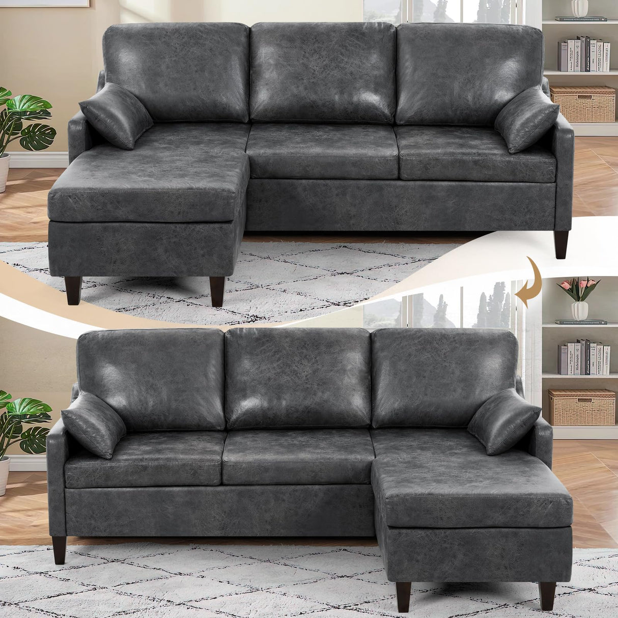 ACMEASE 76" Sectional Sofa Couch with Reversible Chaise, Suede Leather L Shaped Sofa w/USB Charger Ports & Storage Bag, Convertible Modern Couch w/Storage Space for Living Room, Small Space, Grey ACMEASE