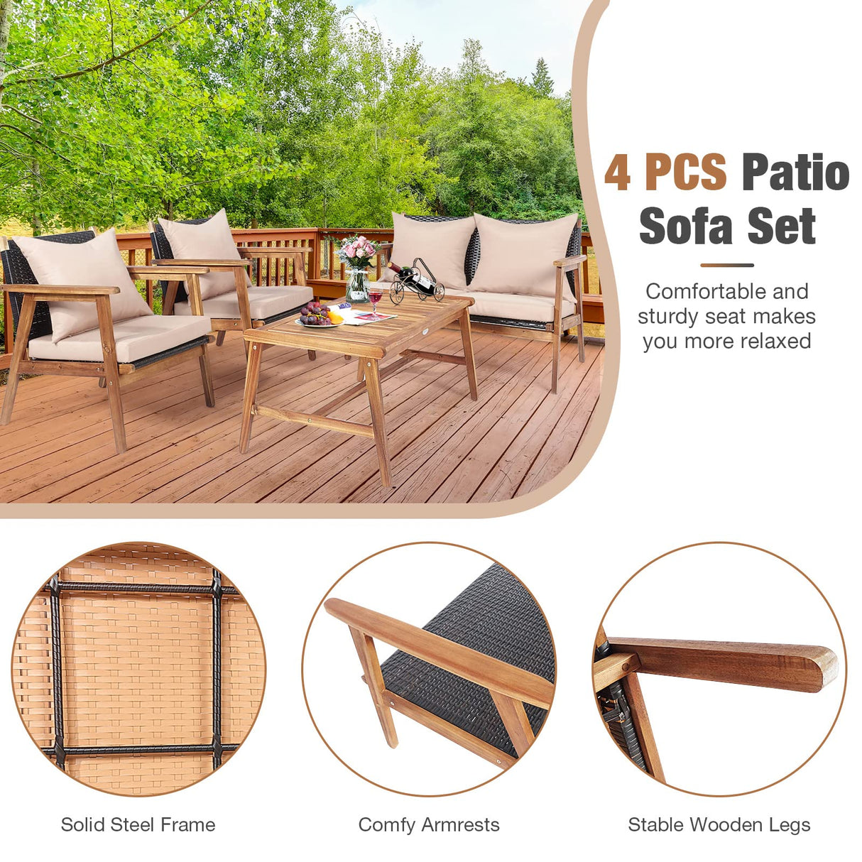 HAPPYGRILL 4 Piece Outdoor Furniture Set Rattan Sofa Set Acacia Wood Frame Conversation Set with Coffee Table, Sectional Furniture Set with Cushions for Backyard Porch Garden Poolside Balcony HAPPYGRILL