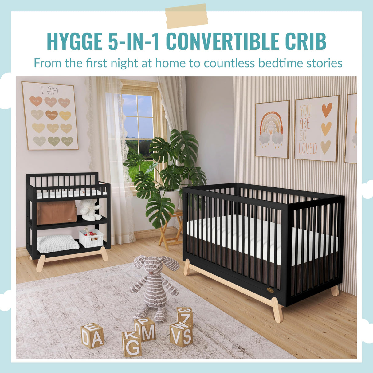 Dream On Me Hygge 5-in-1 Convertible Crib in Matte Black Vintage, JPMA & Greenguard Gold Certified, Made of Sustainable Pinewood, Easy to Clean, Safe Wooden Nursery Furniture Dream On Me