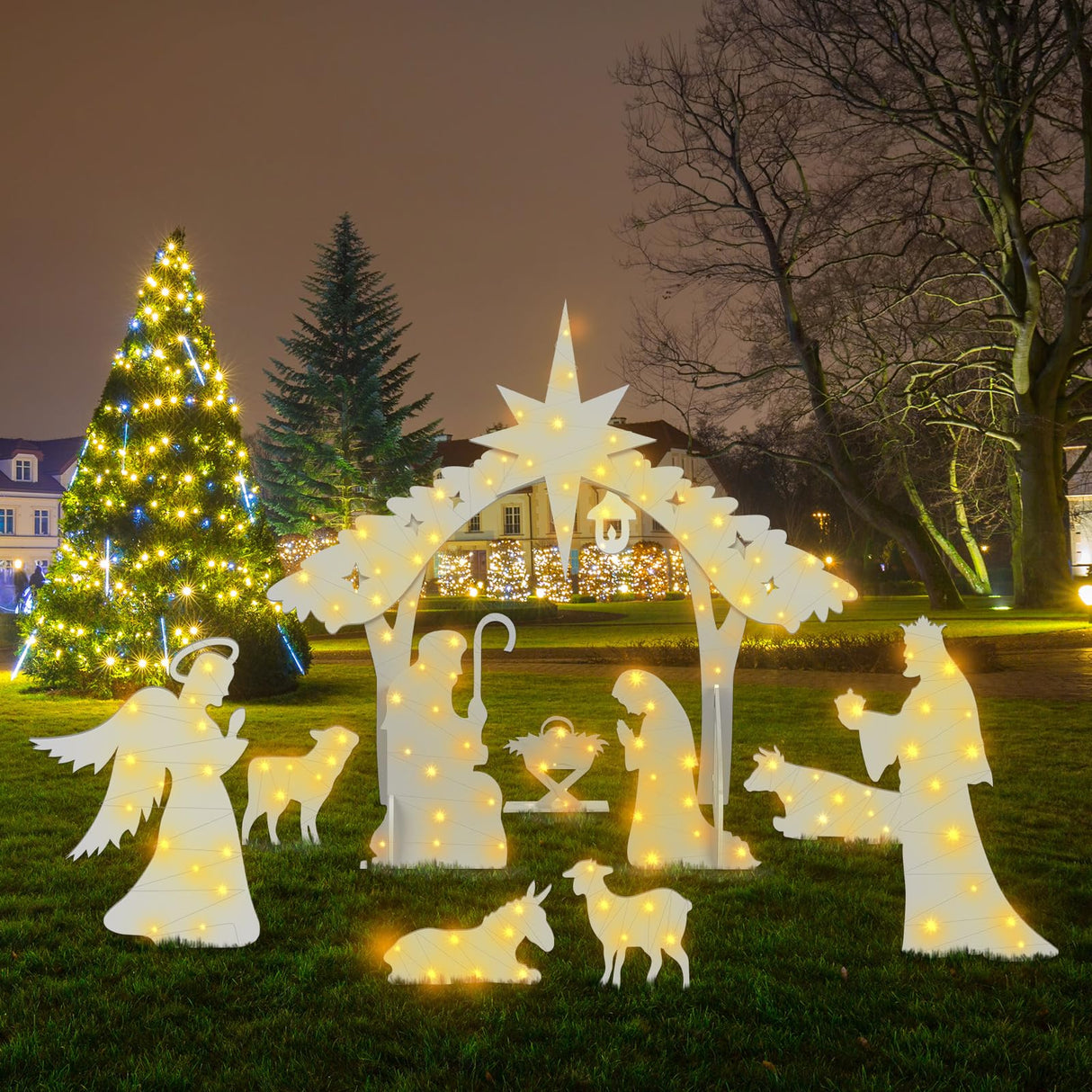 Soaoo Outdoor White Nativity Scene with 2 String Lights Silhouette Yard Sign Display Water Resistant PVC Large Holy Family Yard Nativity Scene Christmas Decor for Xmas Front Lawn Soaoo