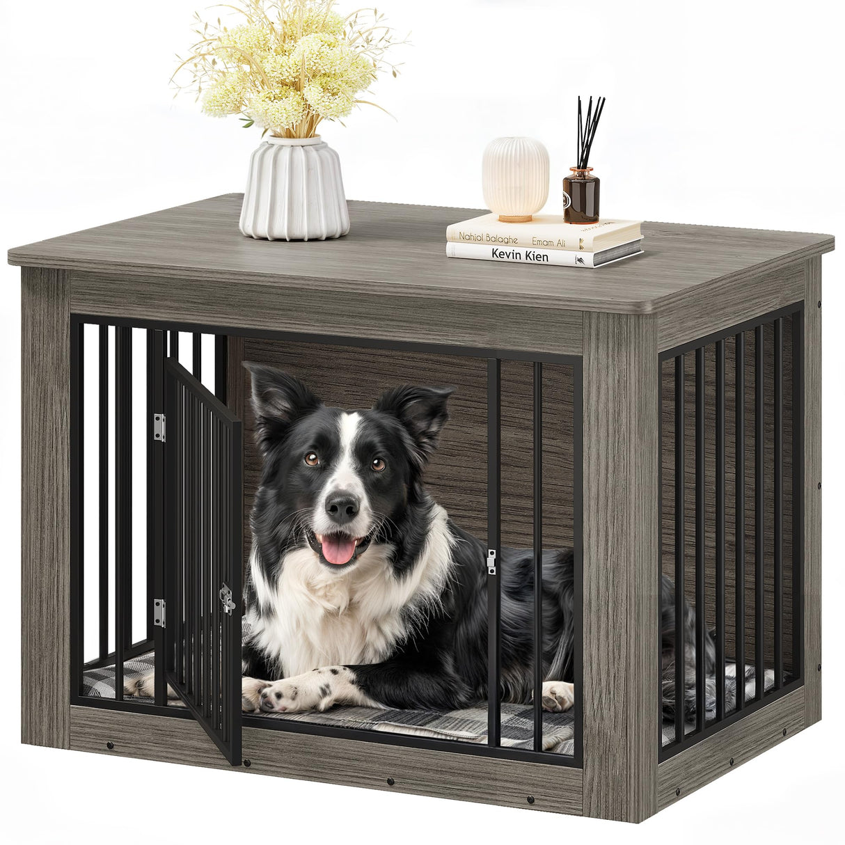 YITAHOME Dog Crate Furniture for Large Dogs, Side End Table, Modern Dogs Kennel Indoor up to 60 lb, 2-in-1 Iron-Wood Fusion Dog Cage with Waterproof Top, Safety Corners, Steel Lock,38" L,Greige YITAHOME