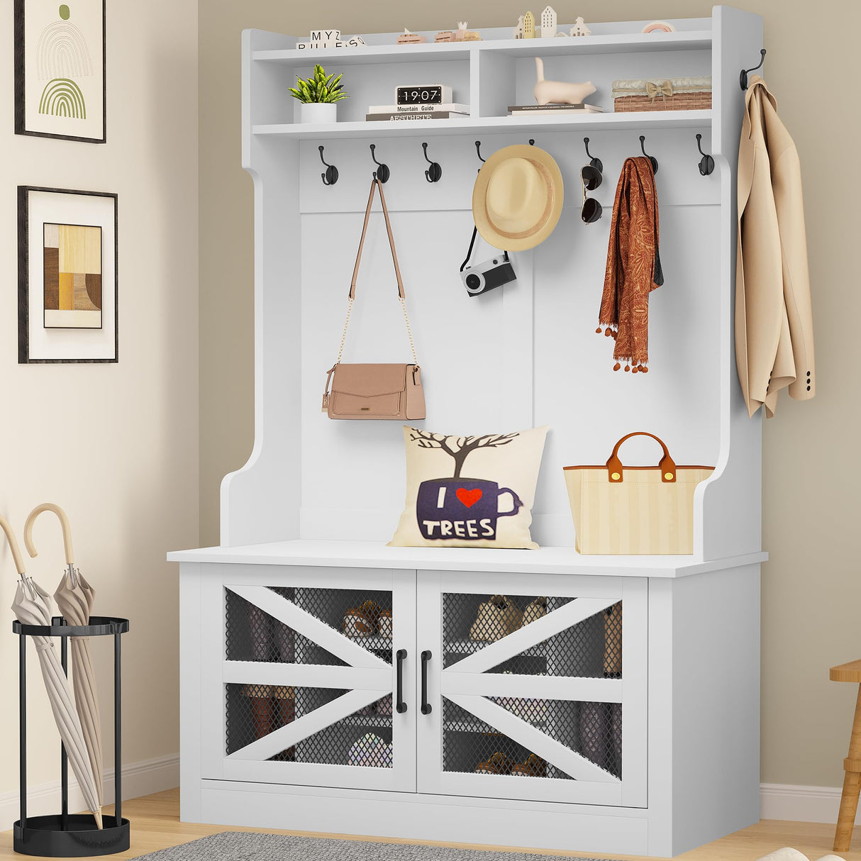 DWVO Farmhouse Hall Tree, Entryway Bench with Coat Rack and Shoe Storage, Freestanding Bench for Entryway Hallway, White DWVO