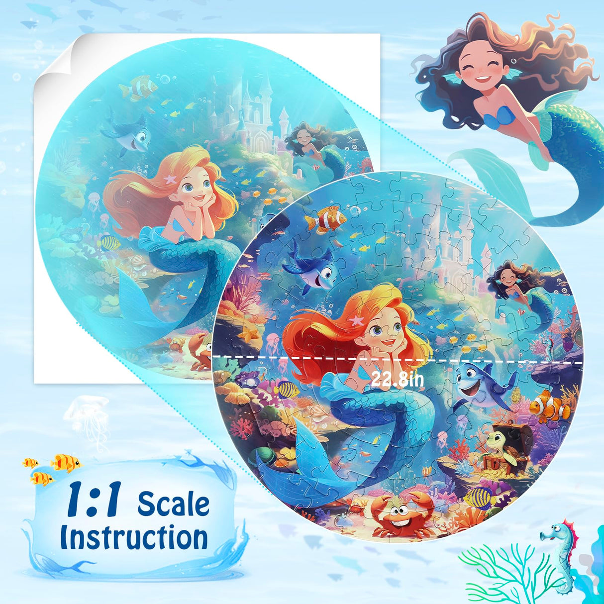 DIGOBAY Floor Puzzles for Kids Ages 3-5, 70 Pieces Mermaid Jigsaw Puzzle for Toddler Girls Ages 3 4 5 6 7 8 Year Old, Large Round Underwater Princess Puzzle Educational Learning Toys Birthday Gift DIGOBAY