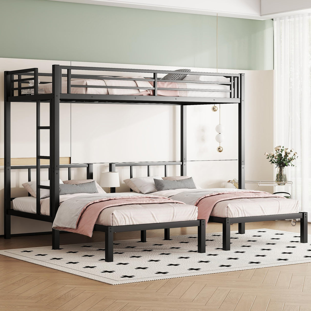 Twin Over Twin Over Twin Bunk Bed for 3 Kids, Metal Triple Bunk Bed with Full Length Guardrails, Heavy Duty Triple Bunk Bed for Kids, Teens, Black Triple Bed Twin Size Bellemave