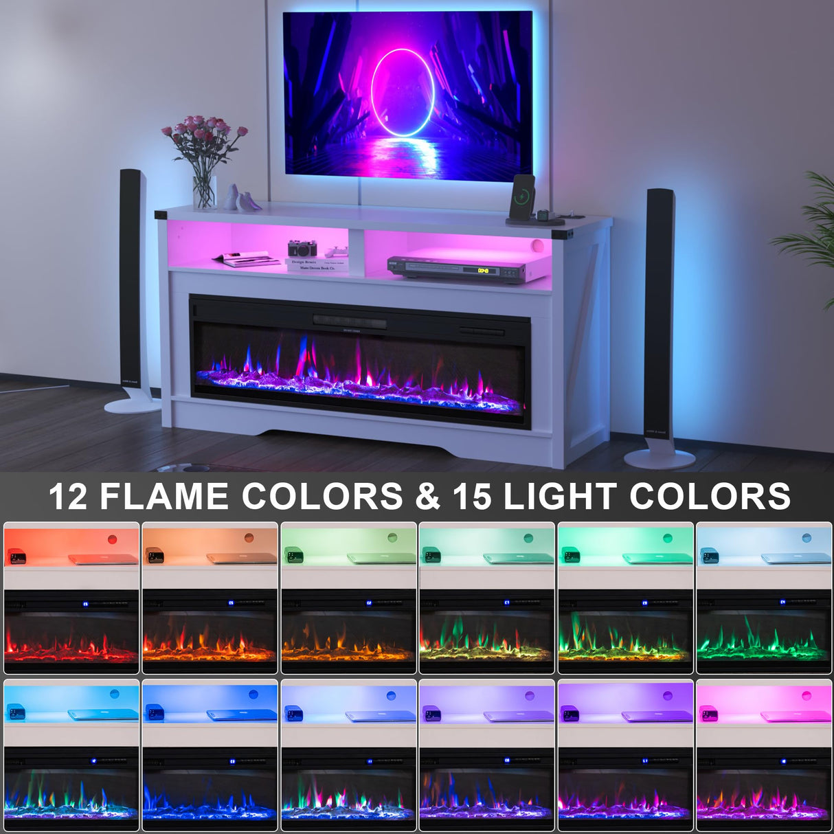 Fireplace TV Stand, Wood Texture 50" Electric Fireplace with Highlight Storage Cabinet, LED Light Entertainment Center, for TVs Up to 65"(WHITE) COCO DESIGN