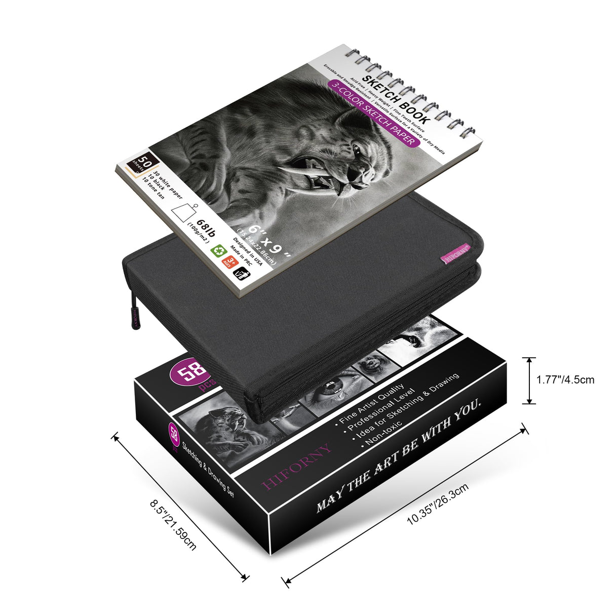 HIFORNY 58 PCS Drawing Kit Sketching Pencil Set,Sketch Pencils Art Supplies with 3-Color Sketchbook,Graphite,Charcoal,Blending Tools,Drawing Pencils for Adults Artists HIFORNY