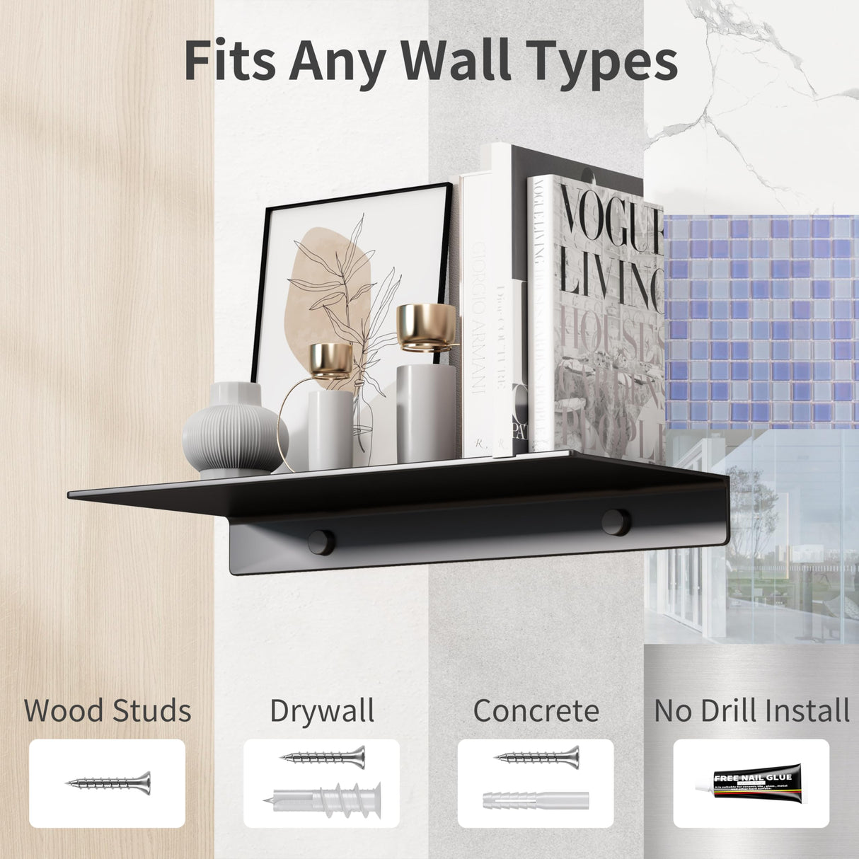 Danpoo Small Floating Shelf for Wall Storage, Mini Display Shelf for Collectibles, Metal Wall Shelf for Bathroom/Living Room/Kitchen/Bedroom(Black, 8") Danpoo