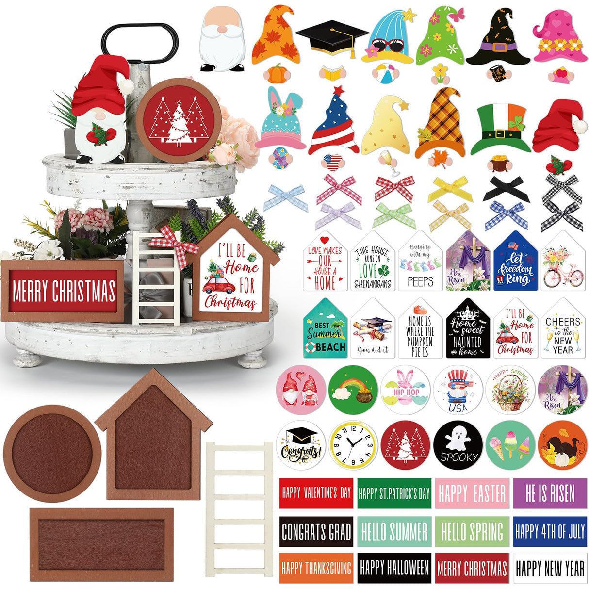 Lineshading 65 Pcs Christmas Farmhouse Tiered Tray Decor Set Interchangeable Round Seasonal Year Tray Decorations Holiday Rustic Wooden Frames Arch Ladders Cards Bow Knot for Kitchen Table Home Decor Lineshading