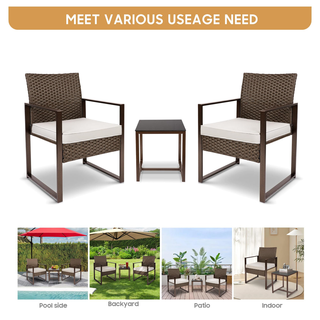 YIYAN Patio Furniture Set 3 Pieces Outdoor Rattan Chair Wicker Sofa Garden Conversation Bistro Sets with Coffee Table,Comfortable Washable Cushions (White) YIYAN