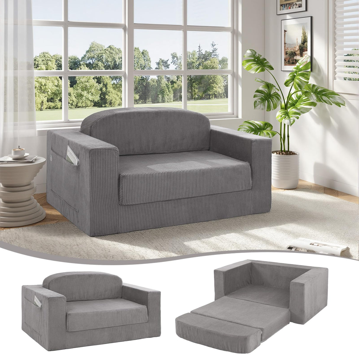 MeMoreCool Convertible Sofa Bed, Pull Out Loveseat Sleeper Sofa, Small Boneless Cloud Couch Bed for Adults, Fold Out Foam Love Seat Grey, Corduroy Folding Floor Couch for Bedroom MeMoreCool