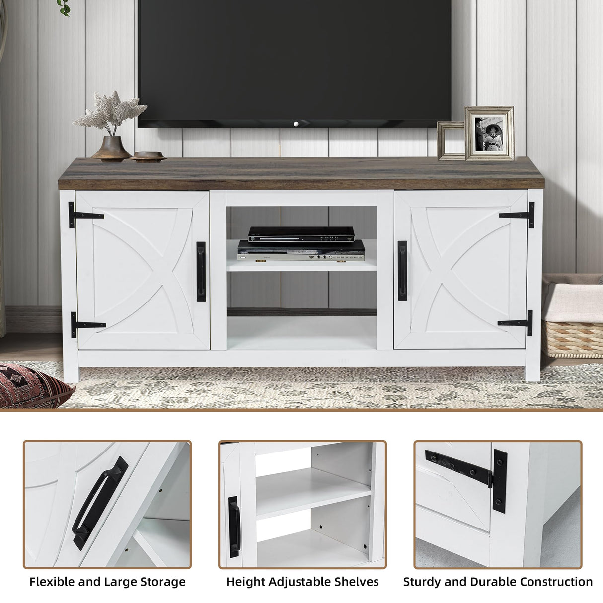 COMEFFIE Modern 58" TV Stand, Media Entertainment Center for TV up to 65 Inch, Console Table with Storage Cabinets for Living Room (White Without Fireplace) COMEFFIE