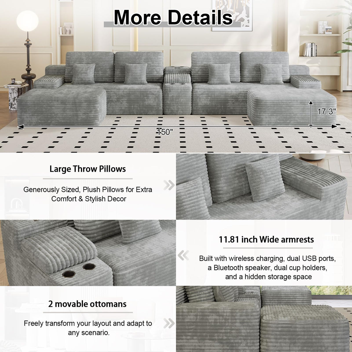 GUANGHONG 150 Inch U-Shaped Sectional Couch with Multi Functional Console, Oversized Modular Corduroy Sofa with 2 Ottomans, 5-Seater Modern Deep Seat Boneless Cloud Couch for Living Room, Light Gray GUANGHONG
