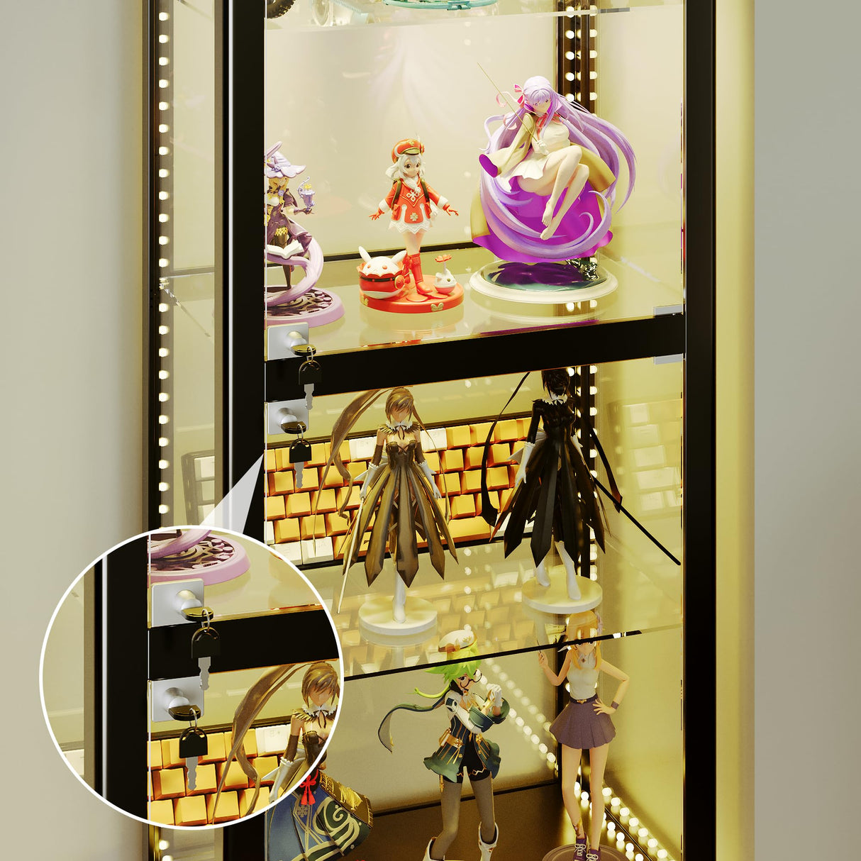 Lucky Monet Glass Display Cabinet with 13 Color LED Lights and Lock, 4-Tier Lighted Curio Cabinet with Doors & Adjustable Shelves, Glass Display Case for Collectibles Liquor - 23.6" Wide Black Lucky Monet