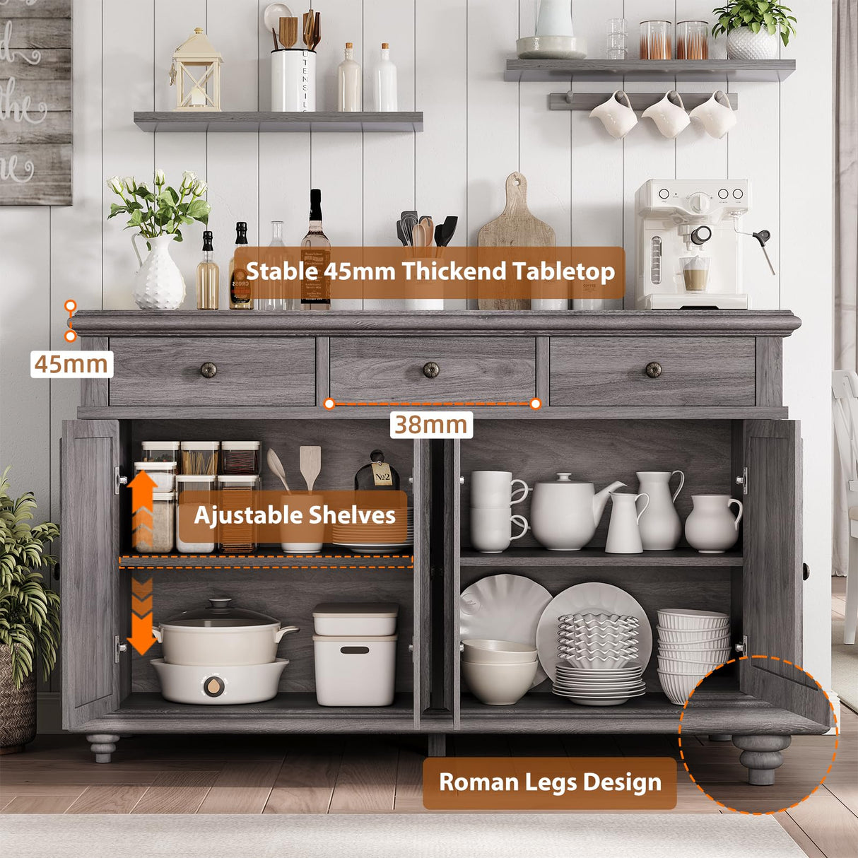 Farmhouse Buffet Cabinet with Storage, Sideboard Cabinet, Buffet Cabinet, Sideboard Buffet Cabinet with Storage, Large Wood Accent Storage Cabinet with Doors and Shelves for Entryway Living Room Jocoevol