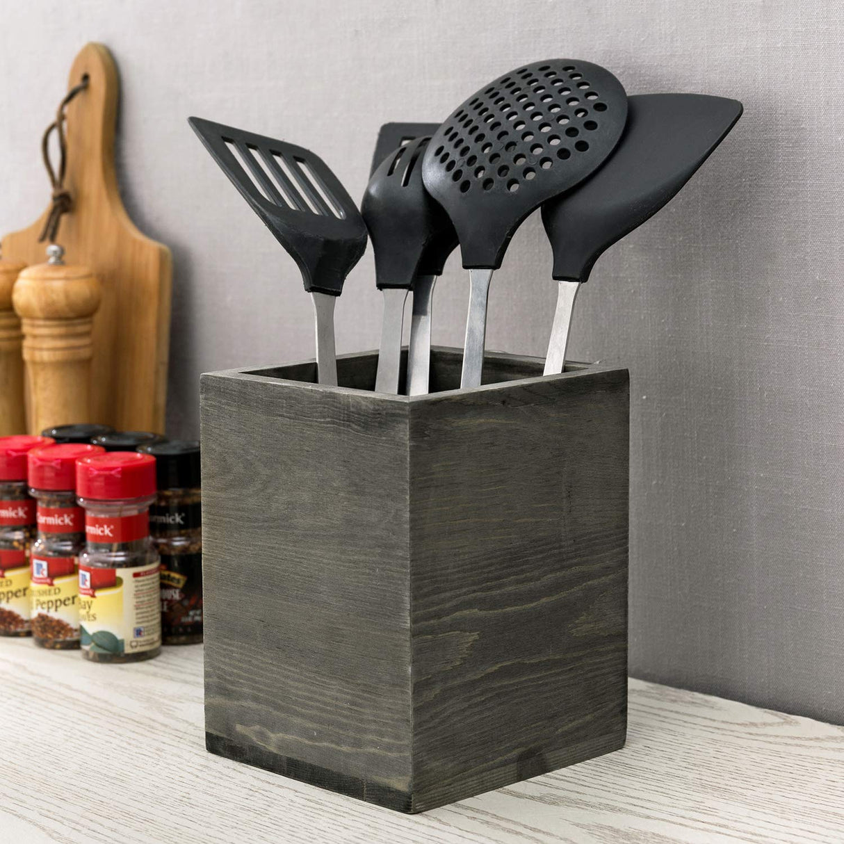 MyGift Vintage Gray Solid Wood Kitchen Countertop Utensil Holder, Cooking Utensil Crock and Flatware Storage Caddy MyGift