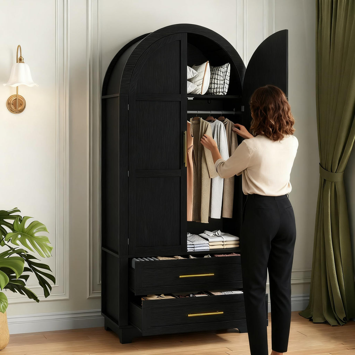Maupvit Wardrobe Closet, Modern Armoire Wardrobe Closet with 2 Drawers and Arched Doors, 73" Tall Wooden Bedroom Armoires with Shelves and Hanging Rod, Black Maupvit