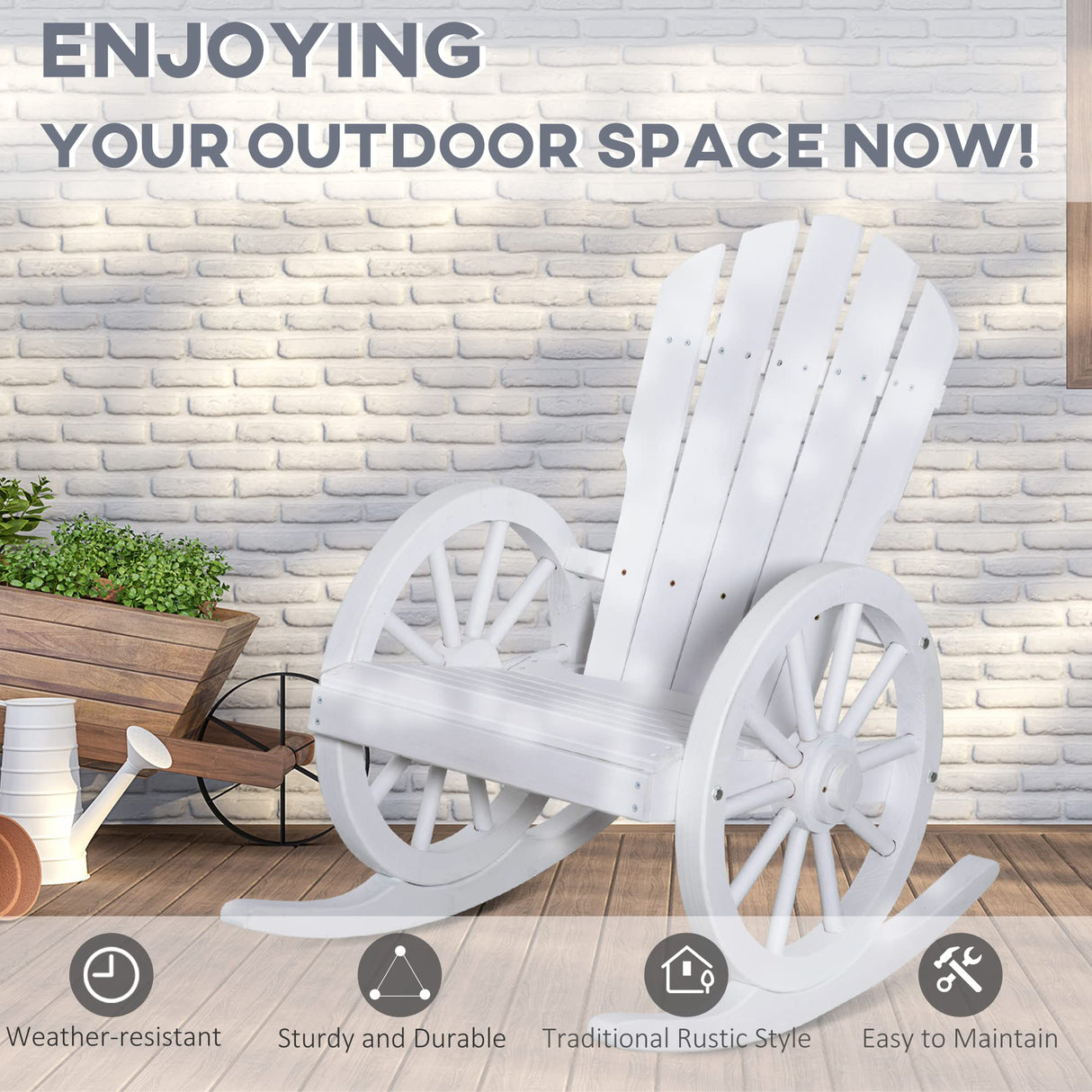 Outsunny White Adirondack Rocking Chair with Wagon Wheel Armrests – Outdoor Comfort for Porch, Garden, and Poolside Outsunny