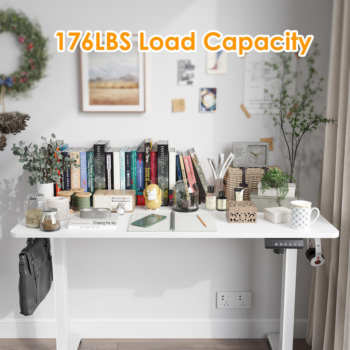 STARY Electric Adjustable Height Sit Stand Home Office Desk with Splice Board, 48x24, White Desktop/White Frame STARY