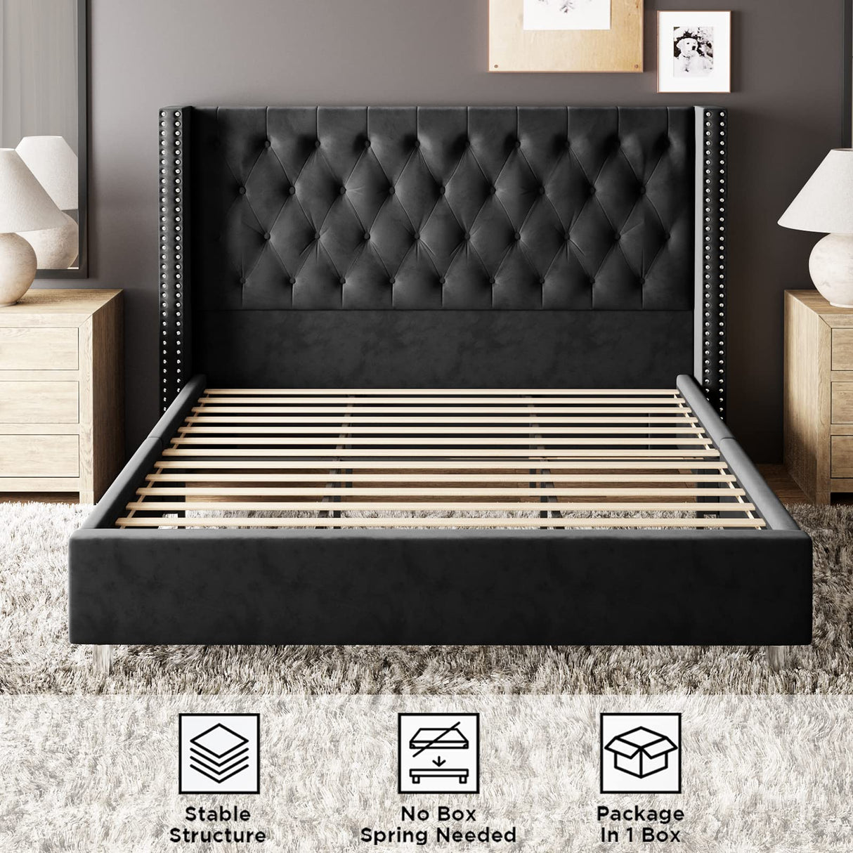 Jocisland King Bed Frame Upholstered Bed Wingback Headboard Velvet Tufted Diamond Button/No Box Spring Needed/Easy Assembly/Black Jocisland