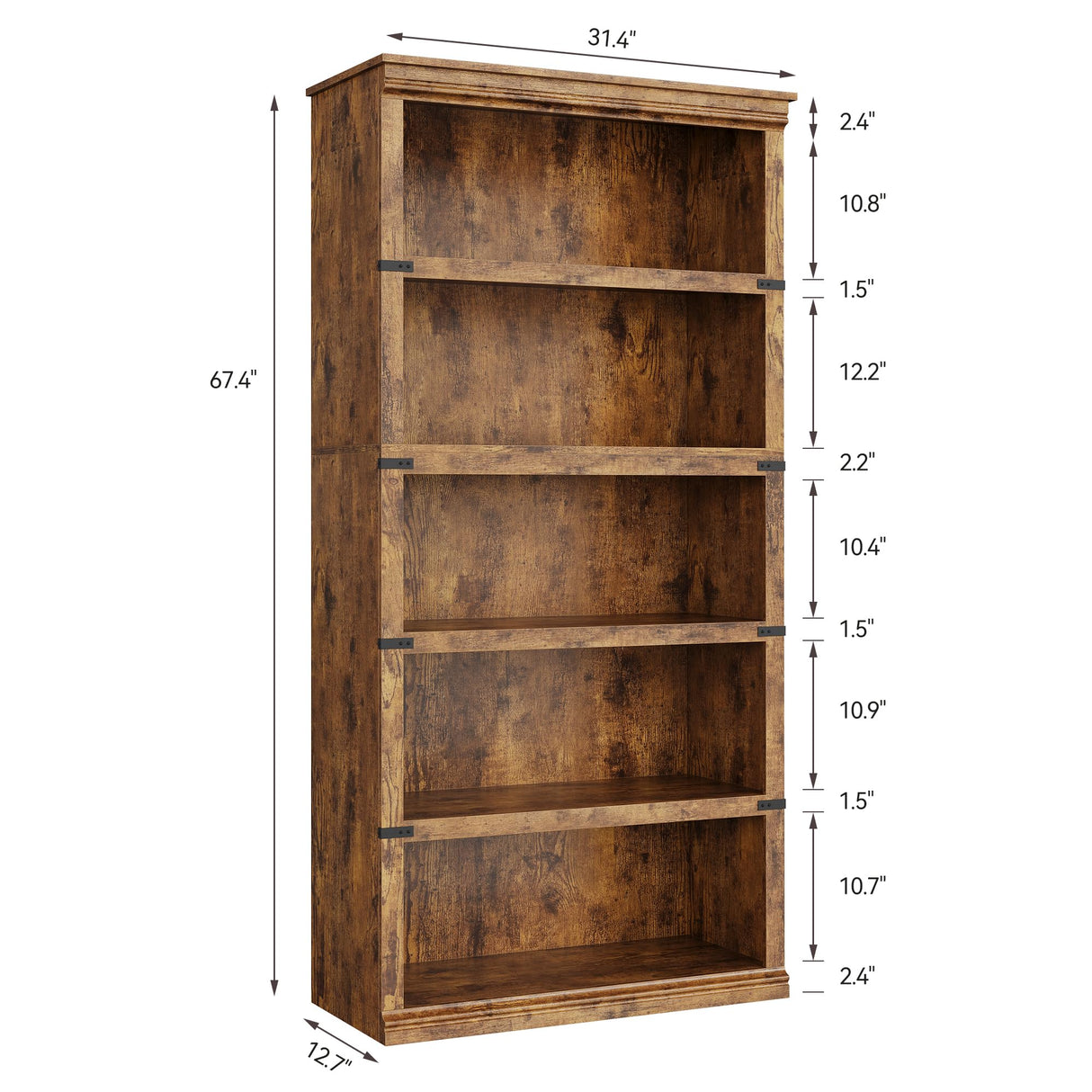 IDEALHOUSE 5 Tier Bookcase, Farmhouse Book Shelf with Storage, 71" Tall Book Case Wooden 5 Shelf Bookcase for Home Office, Living Room, Bed Room (Vintage, 67.4" H x 31.5" W x 12.8" D) IDEALHOUSE