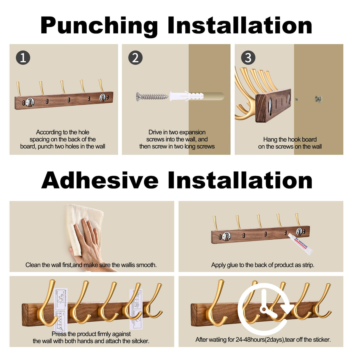 LECHYN 17.3" Small Walnut Wood Coat Rack Wall Mount with 5 Hooks, Heavy Duty Wooden Jacket Hanger Door Mounted for Decorative Entryway Bathroom Hanging Towel Backpack Purse Clothes Hat Key Gold LECHYN