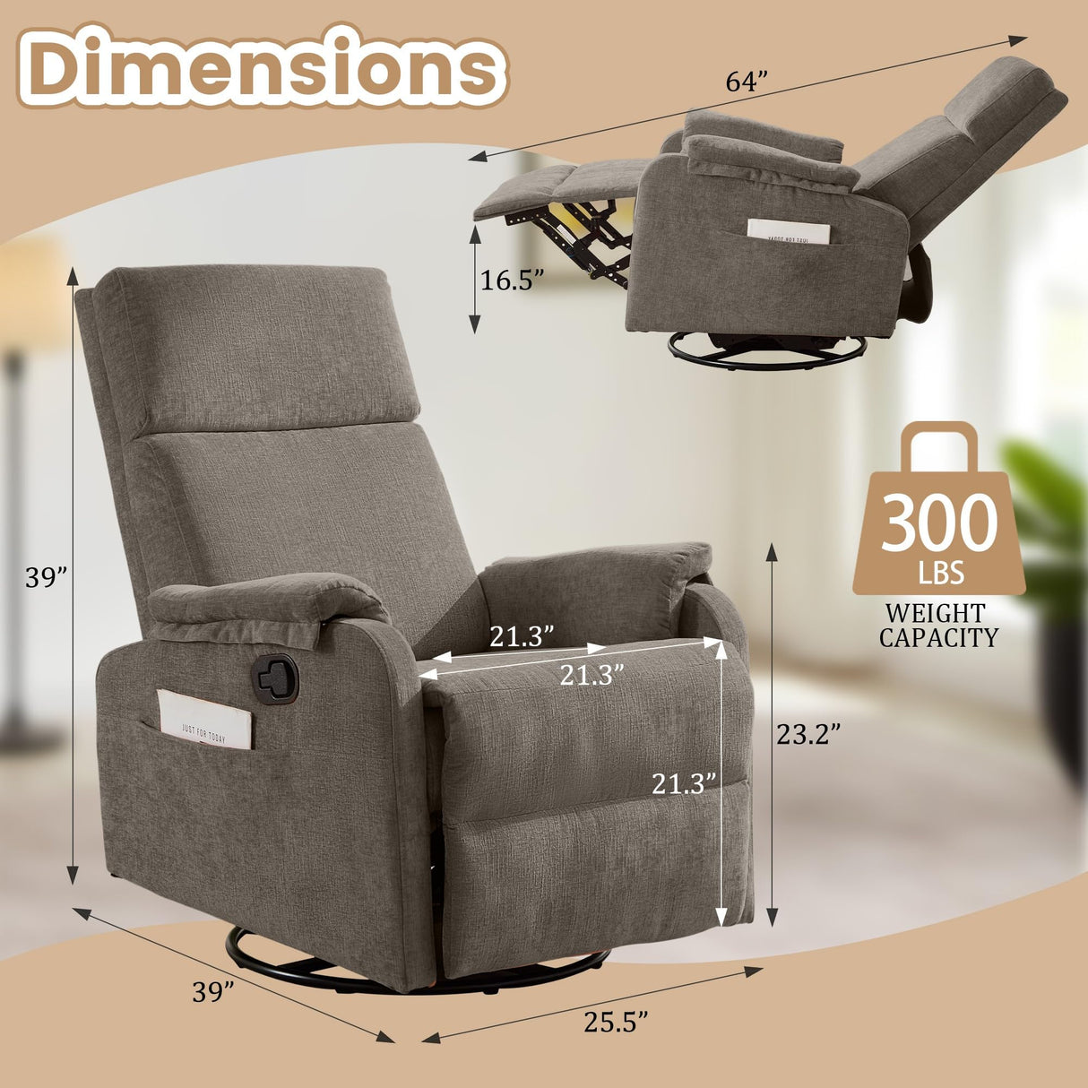 Korser Recliner Chairs, Swivel Rocking Recliner Chair for Adults, Glider Rocking Chair, Small Nursery Recliner for Living Room, Reclining with Modern-Designed Armrests, Chenille, Brown Korser