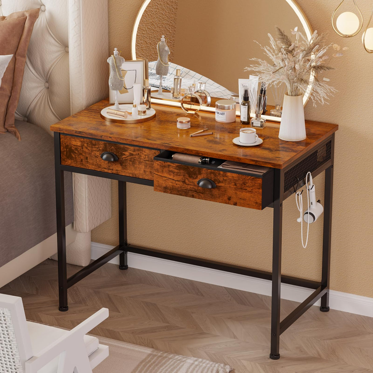 Furologee Computer Desk with 2 Fabric Drawers, Small Home Office Writing Desk, Vanity Desk with Hooks, Simple Study Desk for Small Spaces Bedroom, Furologee