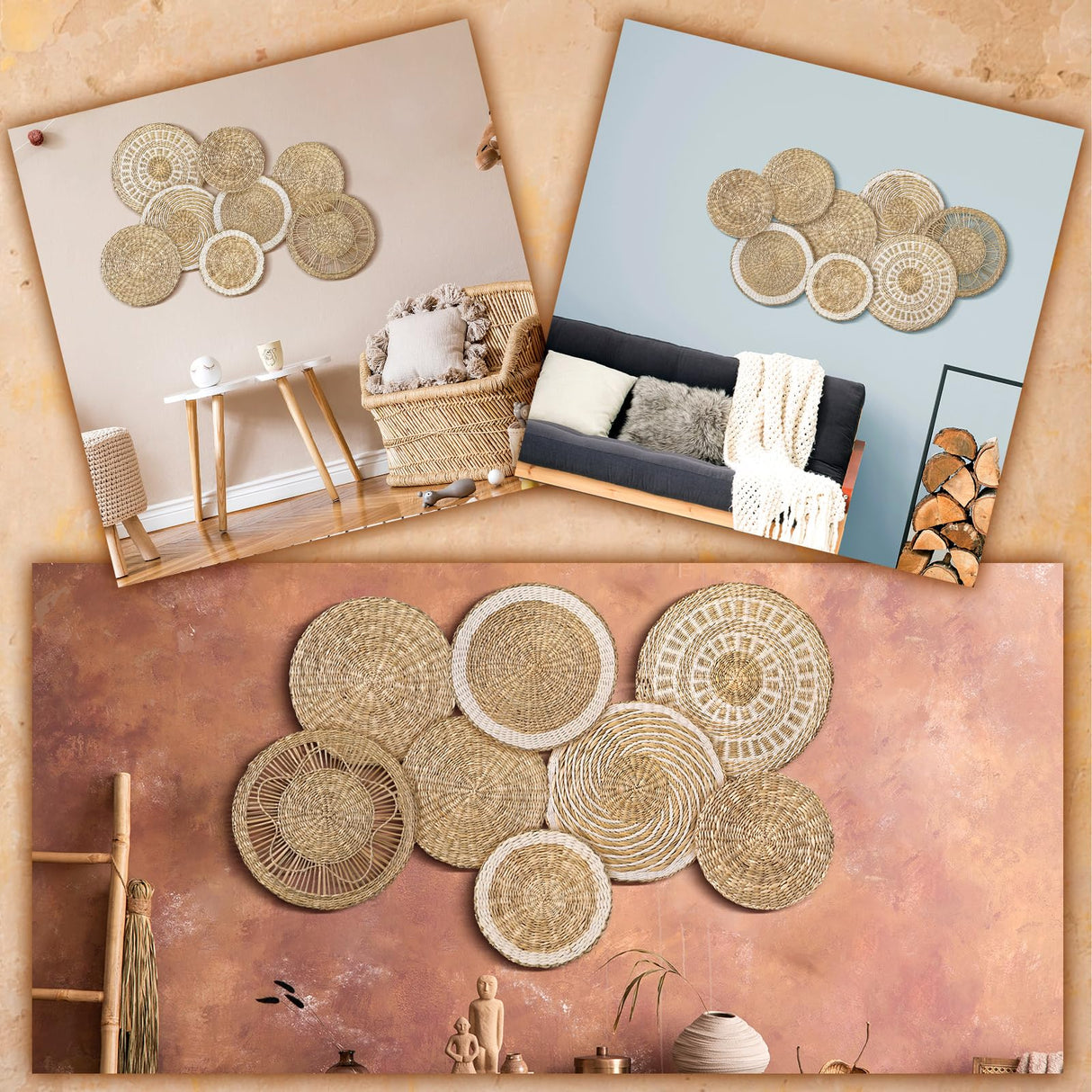 Xuhal Set of 8 Hanging Woven Wall Basket Handmade Decorative Rustic Boho Basket Decor Handcrafted Wicker Round Seagrass Wall Art for Home Kitchen Farmhouse Table Living Room Xuhal