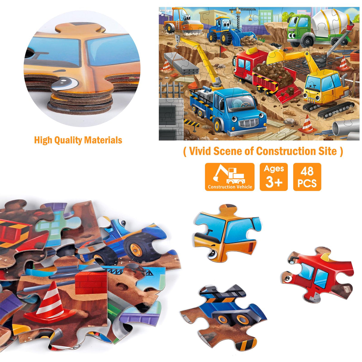 Jumbo Floor Puzzle for Kids,Construction Site Jigsaw Large Puzzles,48 Piece Construction Vehicle Puzzle for Toddler Ages 3-5,Children Learning Preschool Educational Toys,Gift for 4-8 Years Old IFLOVE