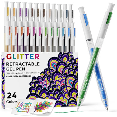 CAISEXILE 24 Colors Retractable Glitter Gel Pens, Colored Gel Pens, Drawing Pens with 2 g Large Capacity Glitter Ink For Artists Adult Coloring Books Drawing Journaling Doodling Writing