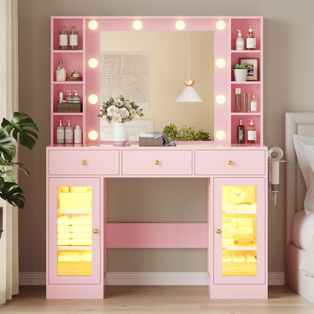 Makeup Vanity Desk with Mirror and Lights, Glass Top Vanity Table Set with Drawers & Power Outlet, Large Dressing Table with 3 Color Lighting Modes & RGB Cabinets for Women Girls Kids Bedroom, Pink Xixini