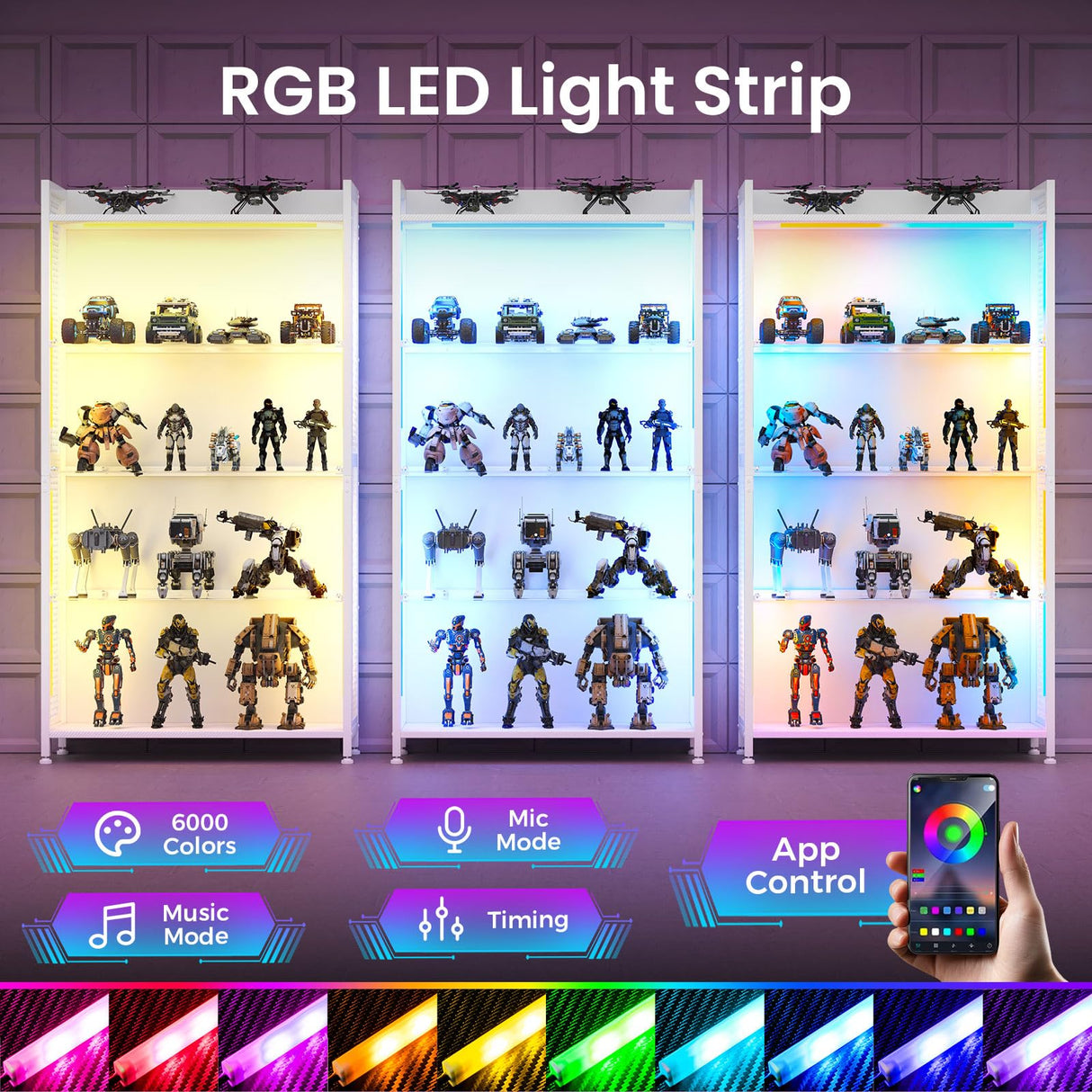 AODK Display Cabinet with LED Lights, Display Case with Glass Storage Shelves, 4-Tiers Curio Cabinet for Collectibles, Display Shelf, White AODK