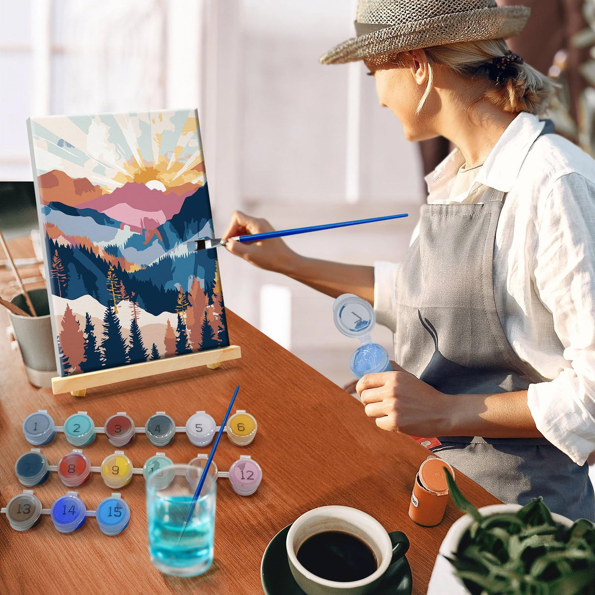 YOYA Framed Paint by Numbers Kit for Adults - Mountain Sunset Adult Paint by Number Kits on Canvas with Easel, DIY Mountain Paint by Number Framed Canvas for Home Wall Decor 8x12 Inch YOYA