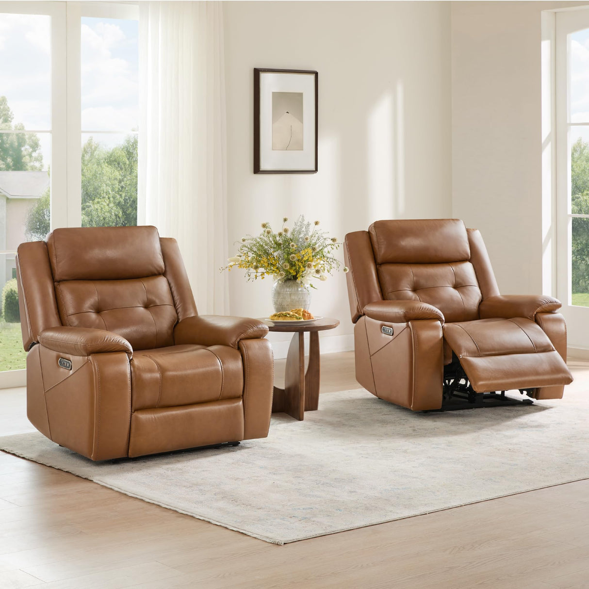 Watson & Whitely Genuine Leather Power Recliner Chair for Adults, Wall Hugger Recliner with Power Headrest, Cup Holders & Charging Ports, Electric Reclining Chairs for Living Room, RV, Saddle Brown Watson & Whitely