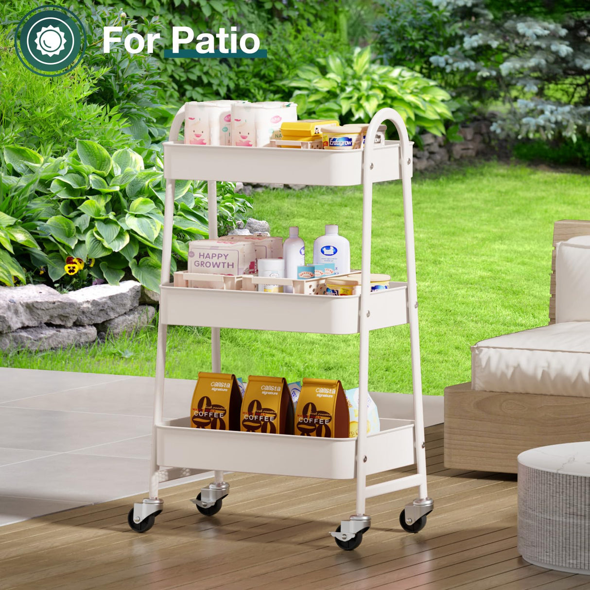 SMUG 3 Tier Rolling Cart - Metal Utility Carts on Lockable Caster Wheels, Mobile Storage Shelves Organizer for Livingroom, Bathroom, Kitchen, Bedroom & Narrow Places, White SMUG