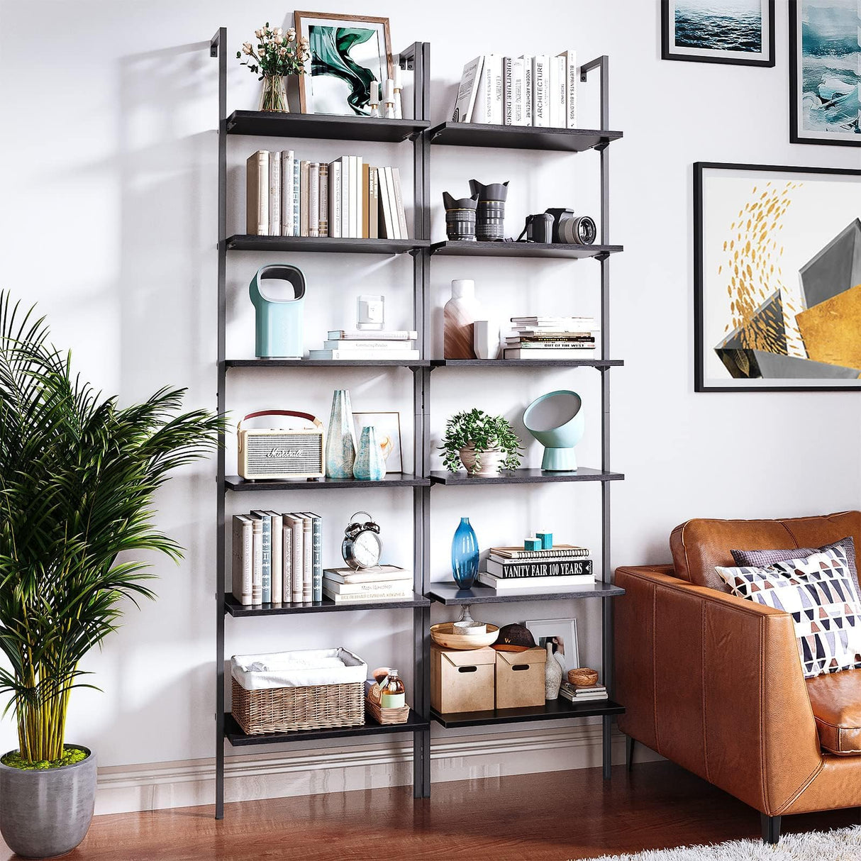 ODK 6-Tier Ladder Shelf, Book Shelf with Metal Frame, Bookcase for Living Room, Home Office, Kitchen & Bedroom, Space Saving Freestanding Organizer Rack, Black (10" D x 24" W x 87" H) ODK