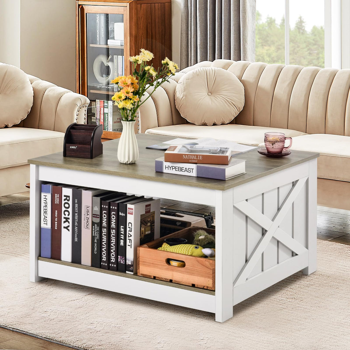 VEVOR 31.5" Farmhouse Coffee Table, Square Coffee Table with Open Storage Compartment, Wooden Rustic Cocktail Table for Living Room, Bedroom, Apartment, Studio, Grey & White VEVOR