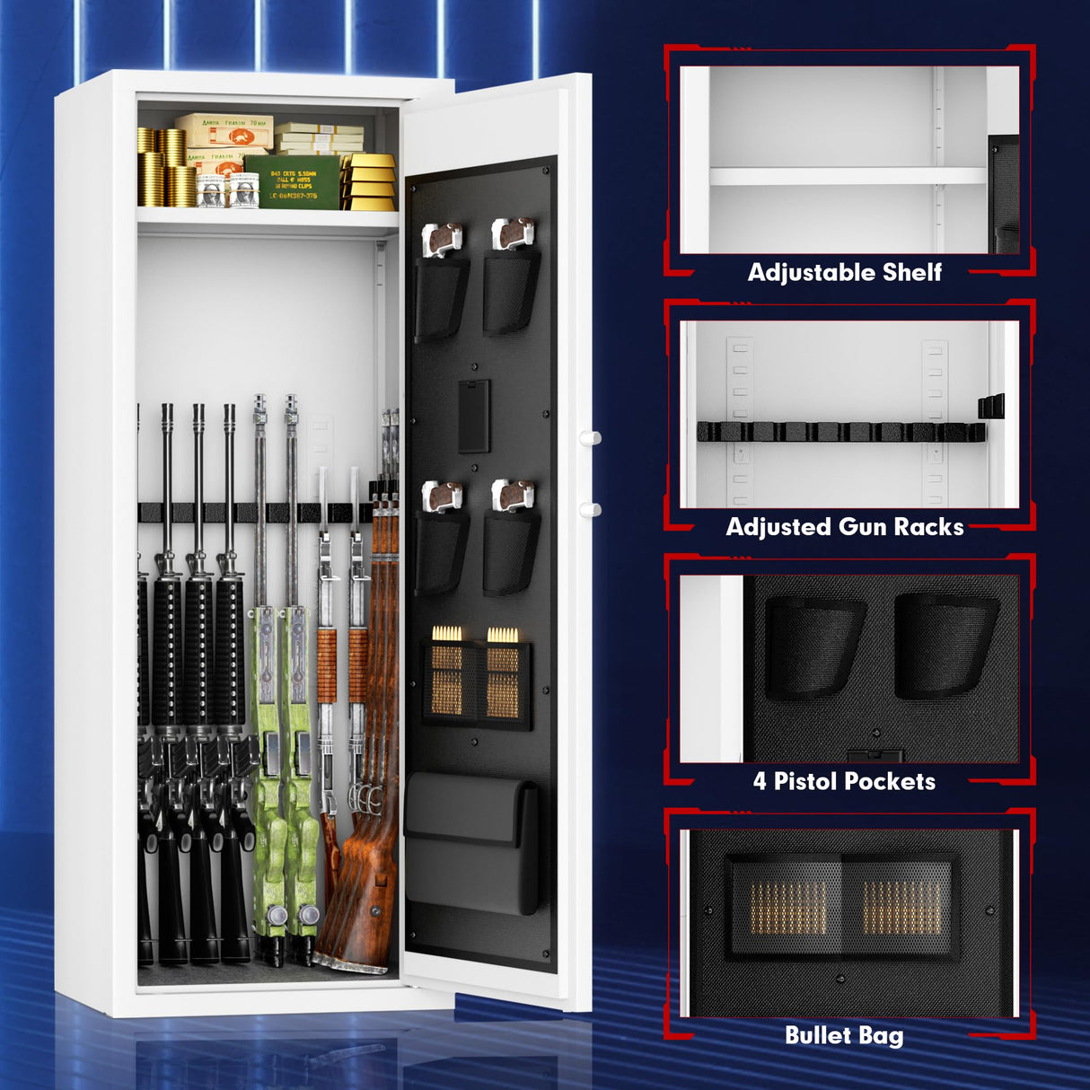 Superday 12-15 Rifle Gun Safe with Keyboard, Quick Access Large Gun Safe for Rifles, Locking Gun Cabinet Rifle Safe with Gun Safes Pockets and Adjustable Rifle Rack for Home, Office(White) Superday