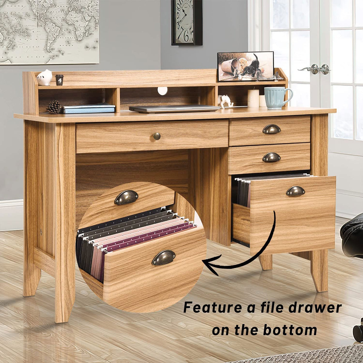 Catrimown Computer Desk with Drawers and Hutch, Farmhouse Home Office Desk Writing Table Wood Executive Desk Student Desk with File Drawer for Small Space, Bedroom, Rustic Oak Catrimown