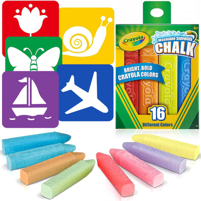 The Mega Deals Sidewalk Chalk for Kids 16 Count with 5 Sidewalk Stencils, Non Toxic Washable Chalk for Kids Square Anti-Roll Design Colored Chalks Bulk for Outdoor Play