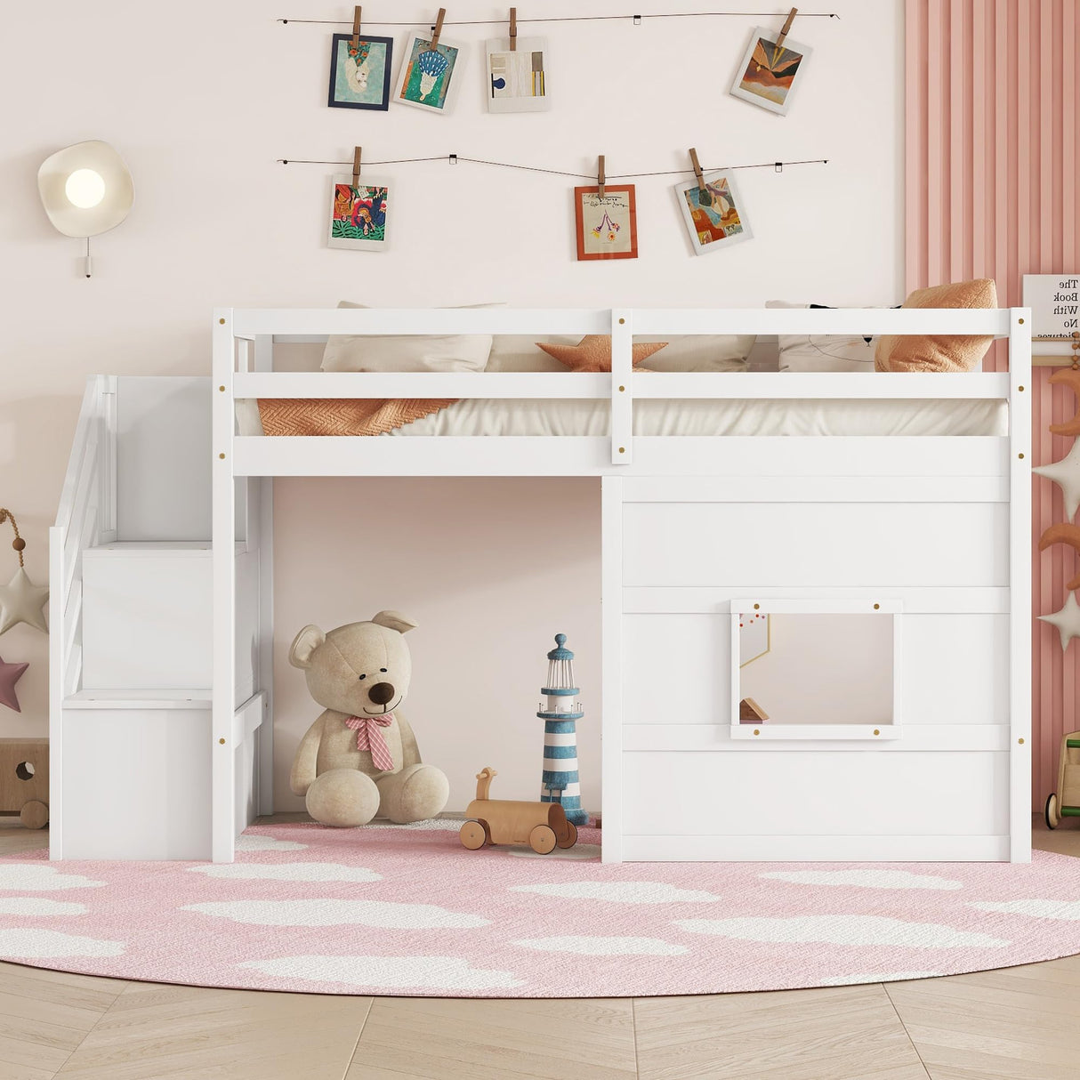 Twin Size Low Loft Bed with Stairs, Kids Loft Bed with Storage,Solid Wood Twin Loft Bed Frame for Kids, Space Saving Low Loft Bed for Boys, Girls, White Bellemave