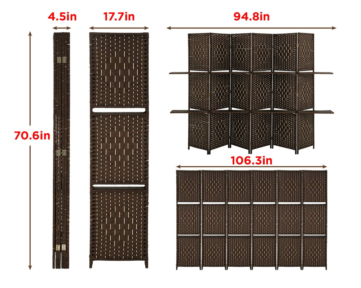 Room Divider 6 Panel Room Screen Divider Wooden Screen Folding Portable partition Screen Wood with Removable Storage Shelves Colour Brown FDW