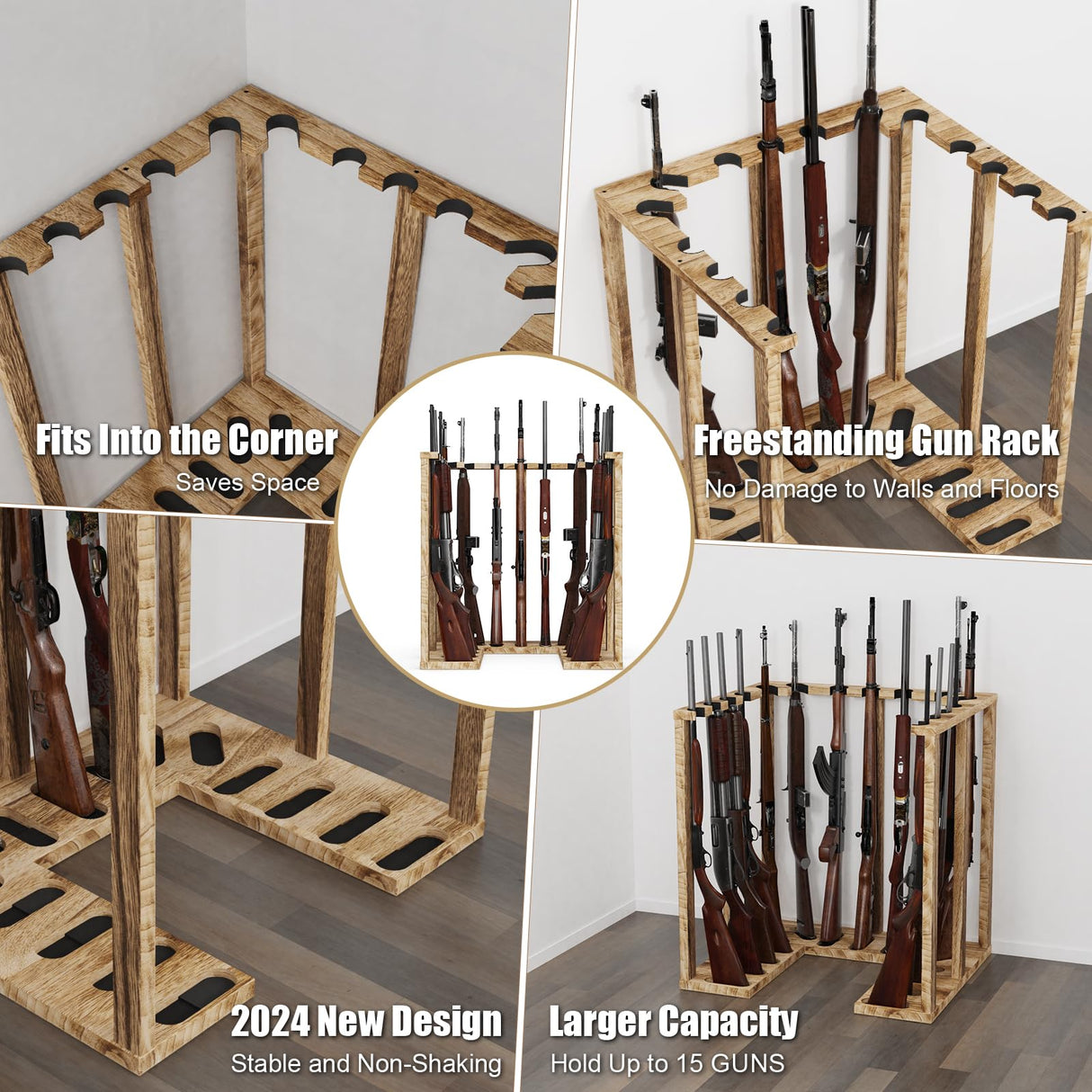 amoard Indoor Gun Rack Corner Wood Heavy Gun Rack Rifle Stand Display Shotgun Organizer and Storage Racks Stable Support for 15 Guns amoard