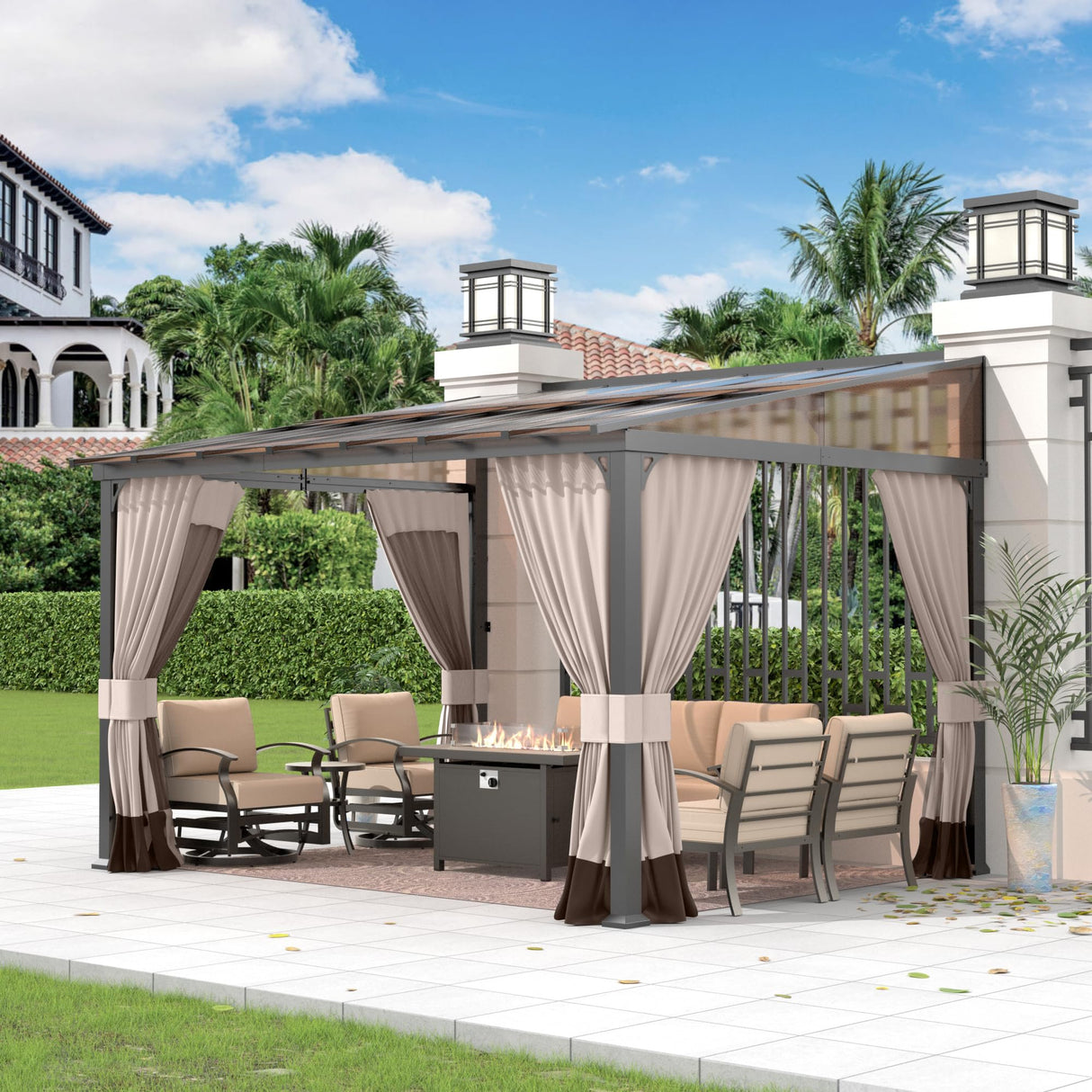 Gotland 10FTx12FT Outdoor Wall-Mounted Hardtop Pergola, Metal Frame Gazebo with Sloping Sun Panel Roof and Double Curtains for Patio, Garden, Lawn, Khaki Gotland