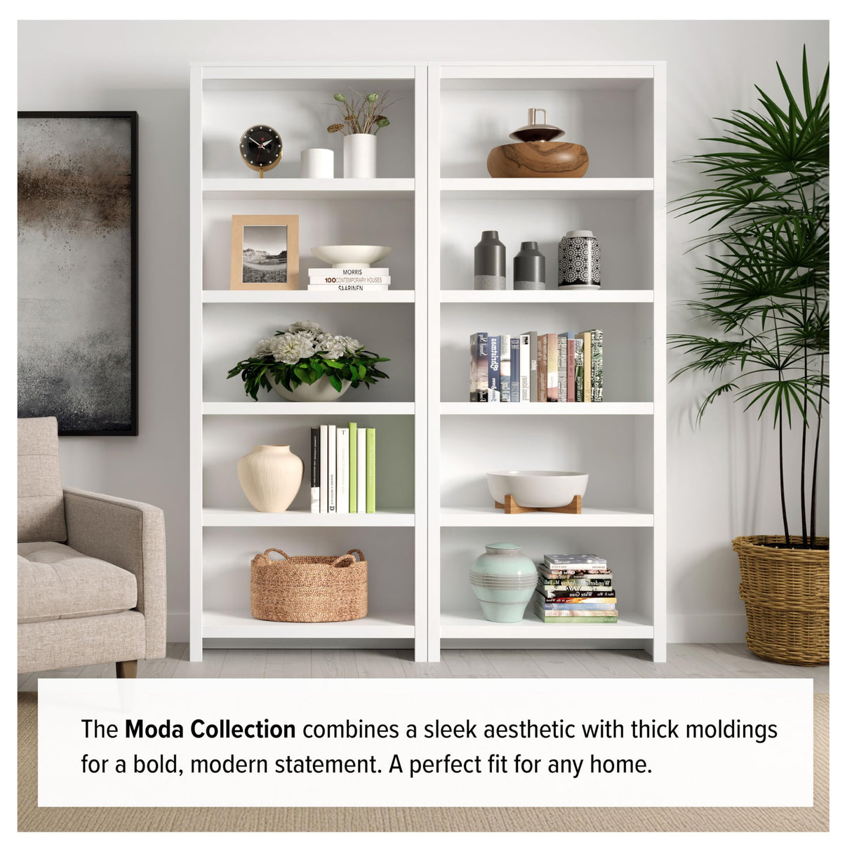 Prepac Moda 5-Tier Tall Wooden Bookcase, White Storage Cabinet, Display Cabinet, Bookshelf with Storage Shelves 31.75" W x 80" H x 12" D for Home Office, Living Room, Bedroom Organizer Prepac